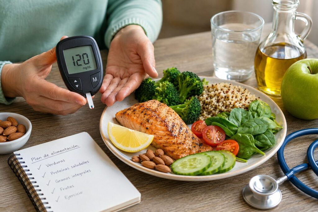 Persona midiendo su glucosa con un glucómetro junto a un plato de alimentos saludables para controlar la diabetes tipo 2.