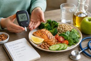 Persona midiendo su glucosa con un glucómetro junto a un plato de alimentos saludables para controlar la diabetes tipo 2.