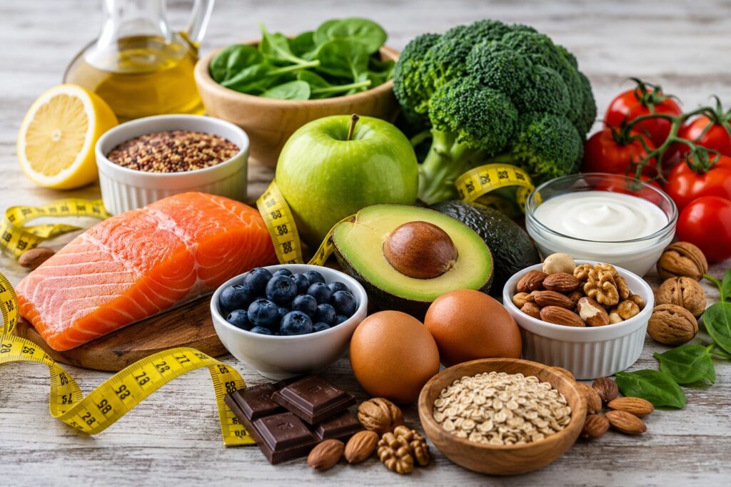 Alimentos saludables como salmón, aguacate, yogur, frutos secos, huevos, arándanos y verduras para una dieta sana y perder peso de forma saludable
