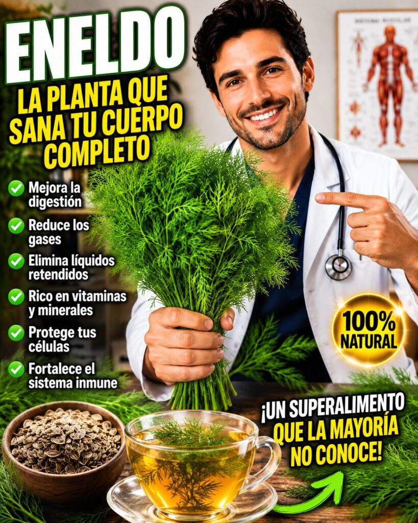 Doctor sosteniendo un ramo de eneldo para ilustrar sus propiedades, beneficios y usos en la alimentación saludable.