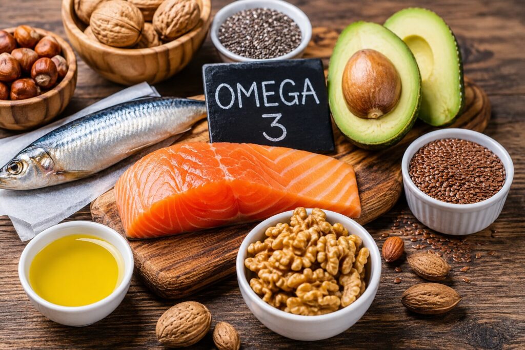 Alimentos ricos en omega-3 como salmón, sardinas, nueces y semillas de chía sobre una mesa de madera.