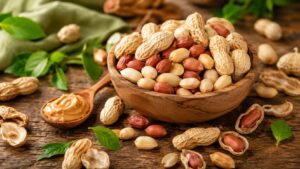 Cacahuetes naturales con cáscara y pelados mostrando sus propiedades nutricionales y beneficios para la salud.