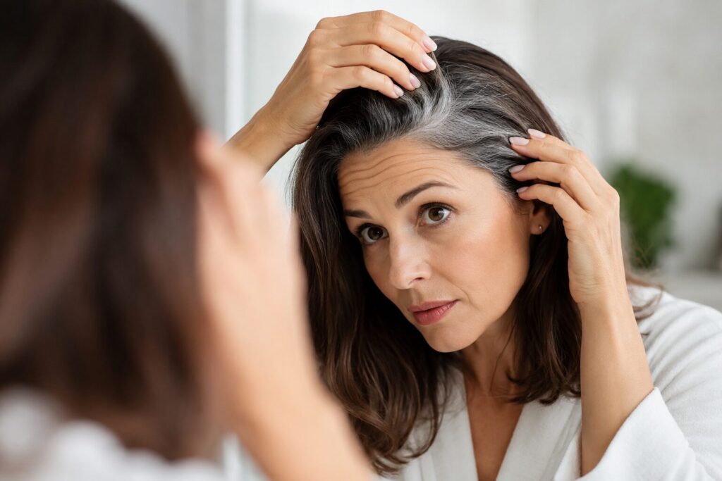 Persona observando las primeras canas en su cabello frente al espejo.