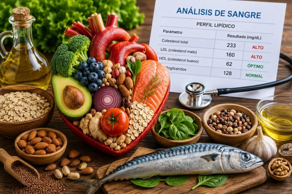 Alimentos saludables para reducir el colesterol LDL y cuidar la salud cardiovascular.