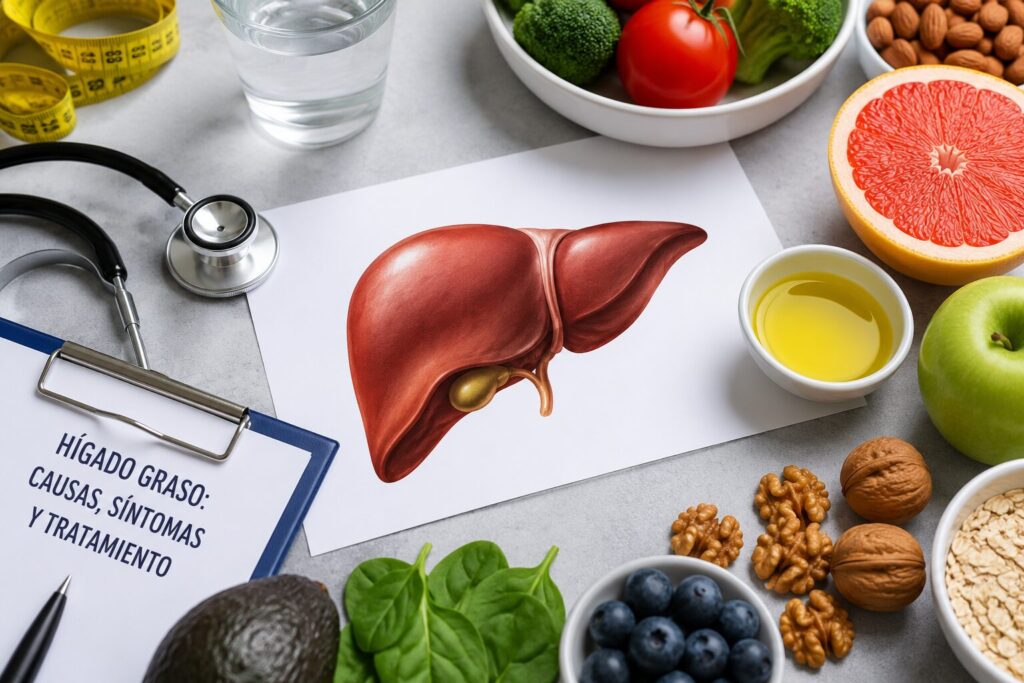 Ilustración del hígado rodeado de alimentos saludables recomendados para el tratamiento del hígado graso.