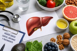 Ilustración del hígado rodeado de alimentos saludables recomendados para el tratamiento del hígado graso.