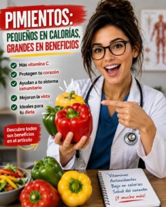 Doctora mostrando pimientos rojos, verdes y amarillos mientras explica sus beneficios para la salud y su contenido en vitaminas.