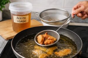 Sartén con alimentos friéndose en aceite y un recipiente con aceite usado listo para ser filtrado y reutilizado.