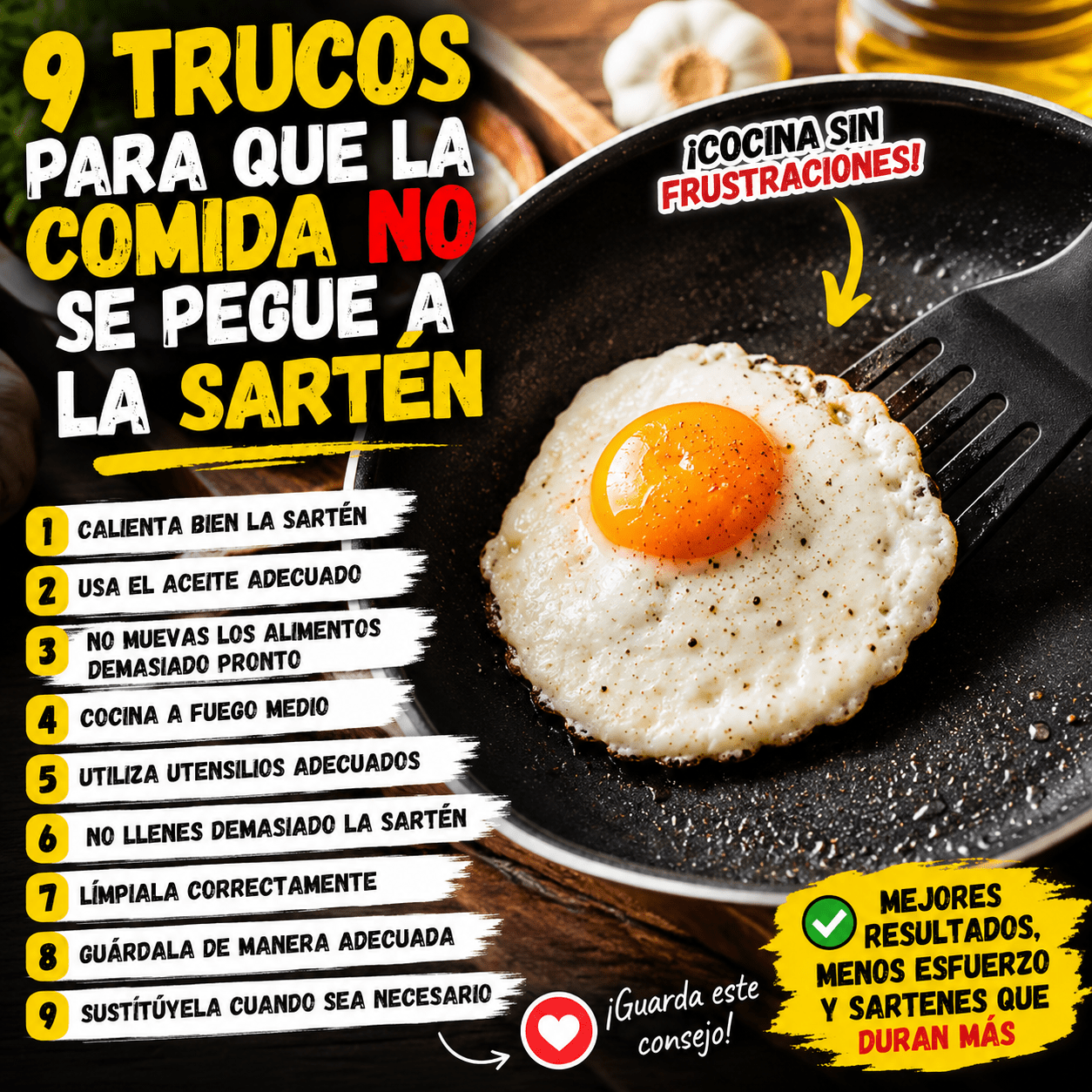sarten Infografía con 9 trucos para evitar que la comida se pegue a la sartén, mostrando un huevo cocinado en una sartén antiadherente y consejos prácticos de cocina.